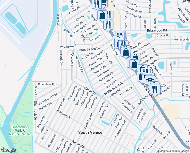 map of restaurants, bars, coffee shops, grocery stores, and more near 580 Terrapin Road in Venice