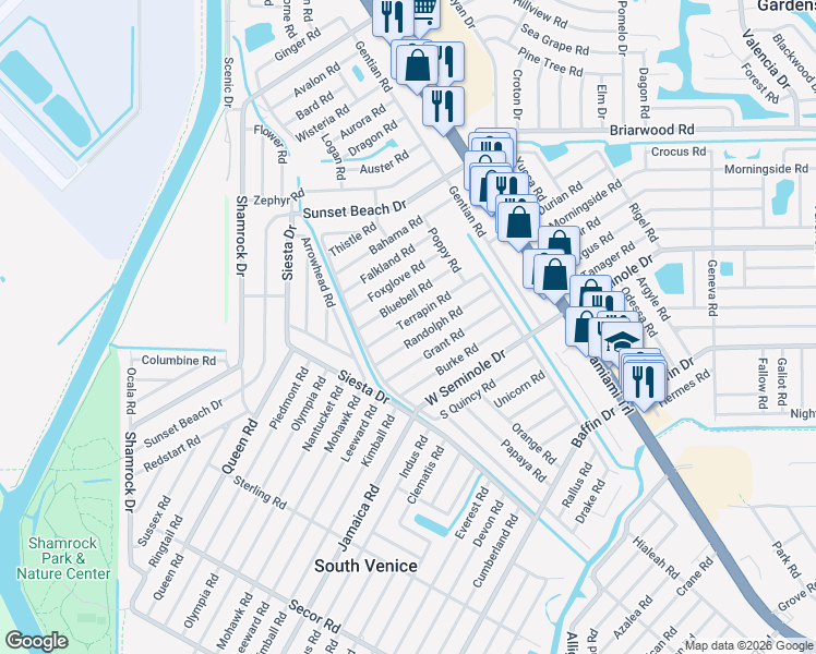 map of restaurants, bars, coffee shops, grocery stores, and more near 470 Randolph Road in Venice