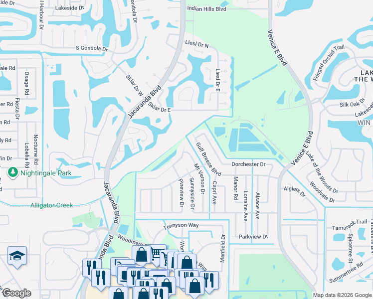 map of restaurants, bars, coffee shops, grocery stores, and more near 500 Bellaire Drive in Venice