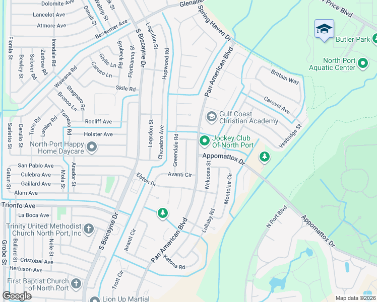 map of restaurants, bars, coffee shops, grocery stores, and more near 3066 Idlewood Street in North Port