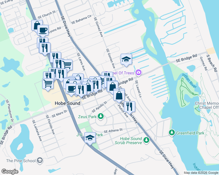 map of restaurants, bars, coffee shops, grocery stores, and more near Old Dixie Hwy & SE Bridge Rd in Hobe Sound