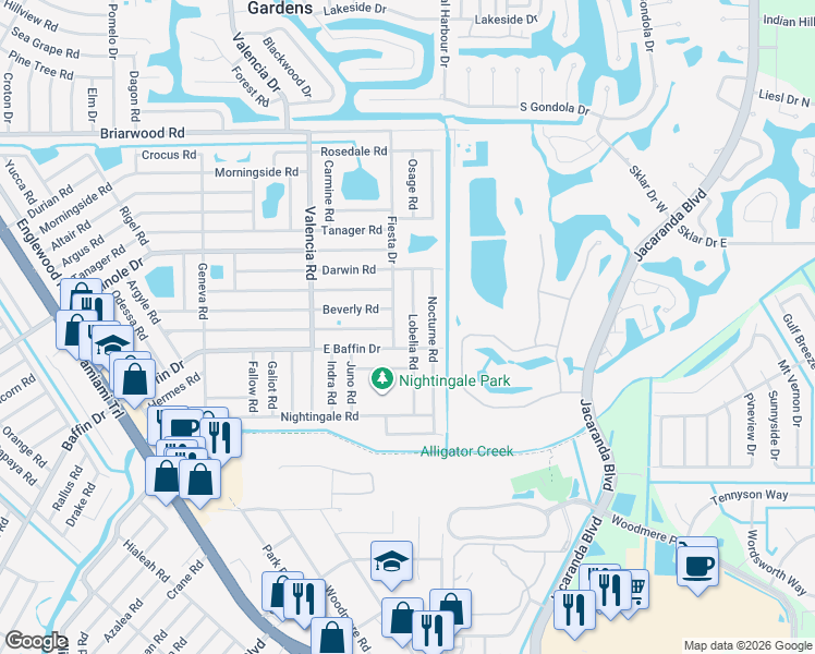map of restaurants, bars, coffee shops, grocery stores, and more near 3012 Lobelia Road in Venice