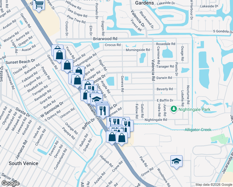 map of restaurants, bars, coffee shops, grocery stores, and more near 311 Bradenton Road in Venice