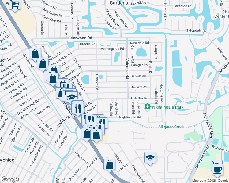 map of restaurants, bars, coffee shops, grocery stores, and more near 503 Bradenton Road in Venice