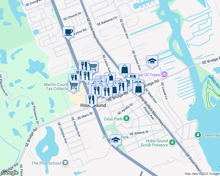 map of restaurants, bars, coffee shops, grocery stores, and more near 8887 Southeast Bridge Road in Hobe Sound