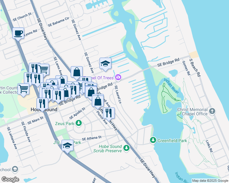map of restaurants, bars, coffee shops, grocery stores, and more near 11700 Southeast Laurel Lane in Hobe Sound