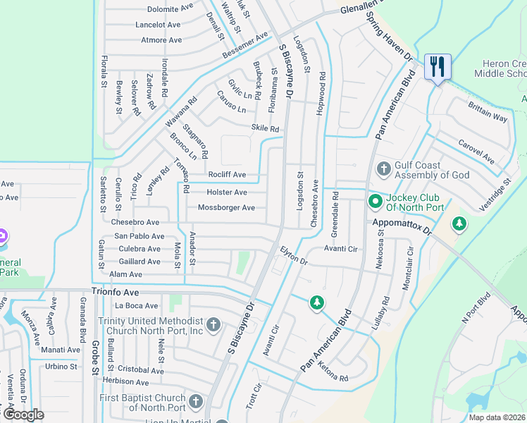 map of restaurants, bars, coffee shops, grocery stores, and more near 8136 Chesebro Avenue in North Port