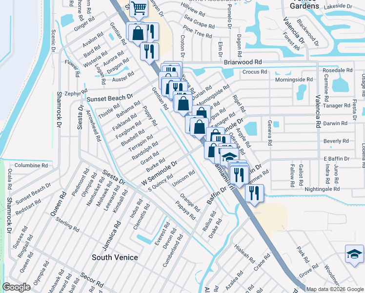map of restaurants, bars, coffee shops, grocery stores, and more near 3025 Datura Road in Venice