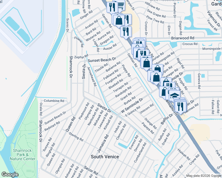 map of restaurants, bars, coffee shops, grocery stores, and more near 580 Terrapin Road in Venice
