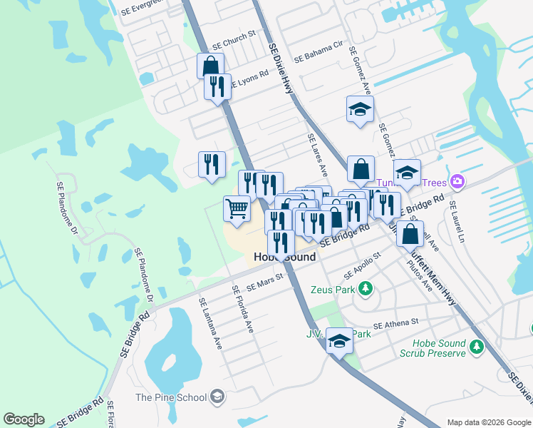 map of restaurants, bars, coffee shops, grocery stores, and more near Southeast Federal Highway in Hobe Sound