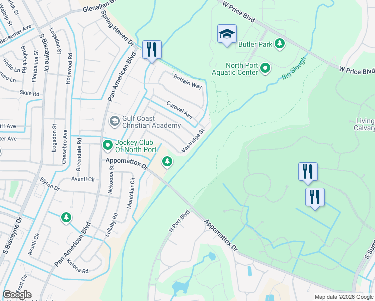 map of restaurants, bars, coffee shops, grocery stores, and more near 2536 Vestridge Street in North Port