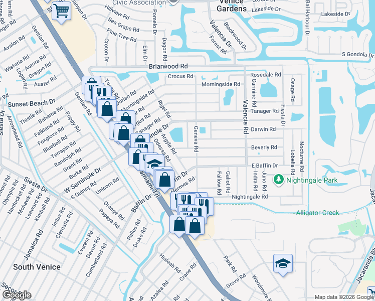 map of restaurants, bars, coffee shops, grocery stores, and more near 311 Bradenton Road in Venice