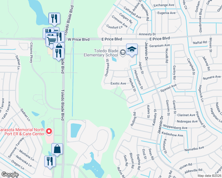 map of restaurants, bars, coffee shops, grocery stores, and more near 1546 Gourmet Road in North Port