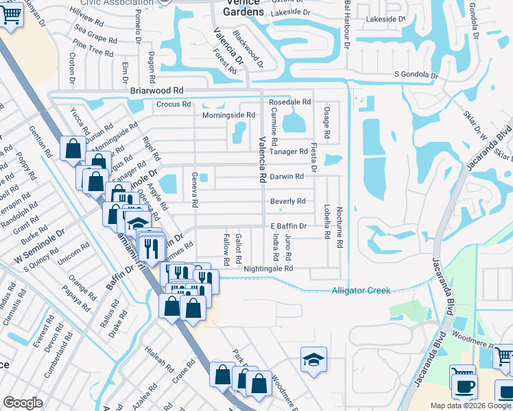 map of restaurants, bars, coffee shops, grocery stores, and more near 2980 Valencia Road in Venice