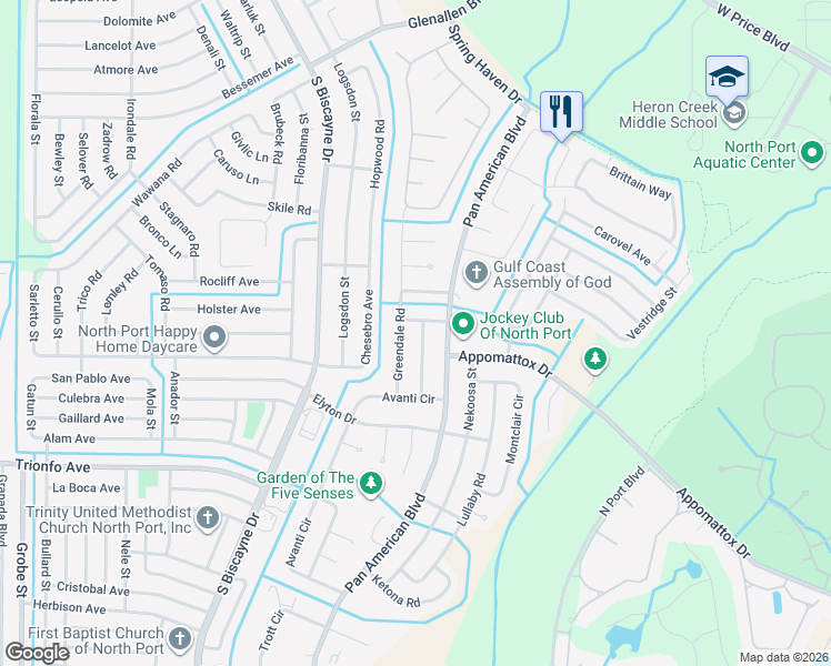 map of restaurants, bars, coffee shops, grocery stores, and more near 3066 Idlewood Street in North Port