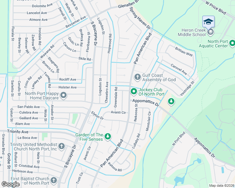 map of restaurants, bars, coffee shops, grocery stores, and more near 3069 Greendale Road in North Port