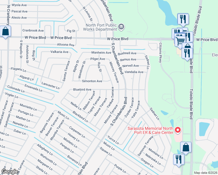 map of restaurants, bars, coffee shops, grocery stores, and more near 2021 Mauve Terrace in North Port