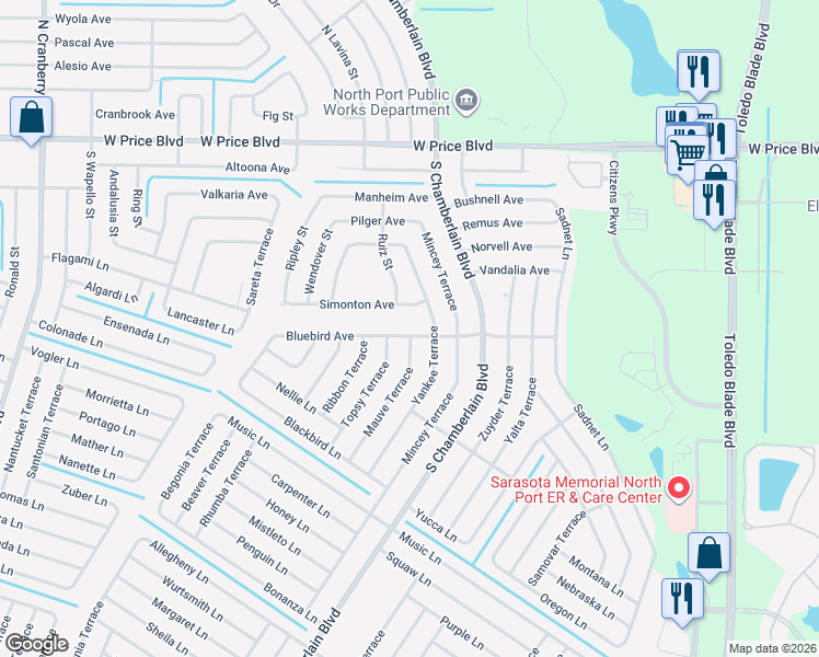 map of restaurants, bars, coffee shops, grocery stores, and more near 2021 Mauve Terrace in North Port