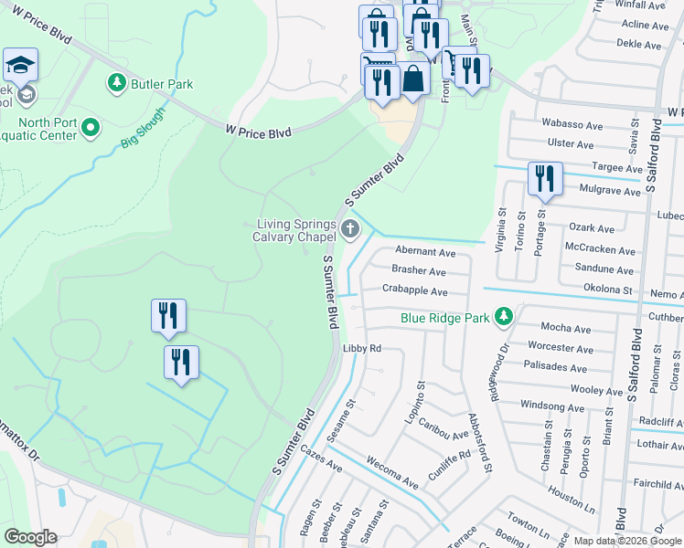 map of restaurants, bars, coffee shops, grocery stores, and more near 3070 South Sumter Boulevard in North Port