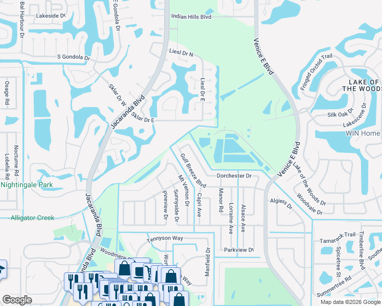 map of restaurants, bars, coffee shops, grocery stores, and more near 407 Gulf Breeze Boulevard in Venice