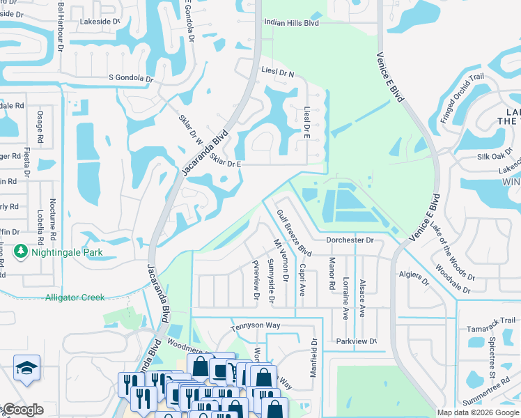 map of restaurants, bars, coffee shops, grocery stores, and more near 500 Bellaire Drive in Venice