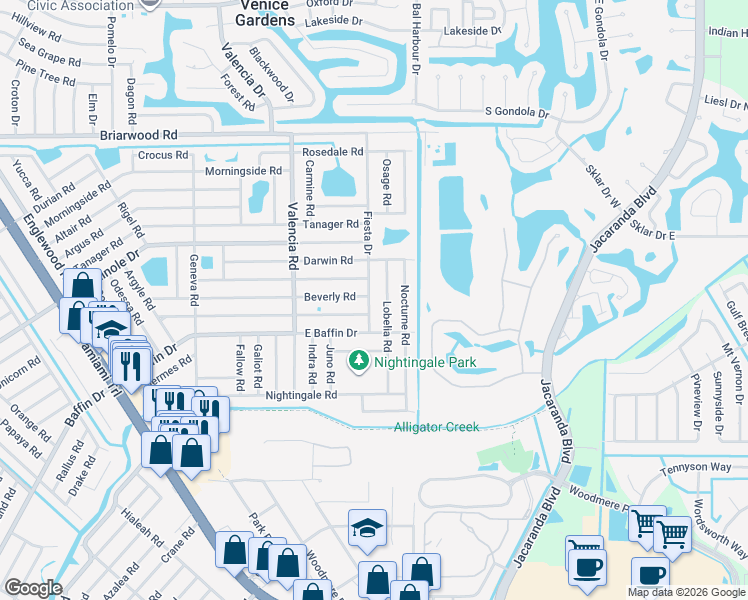 map of restaurants, bars, coffee shops, grocery stores, and more near 3012 Lobelia Road in Venice