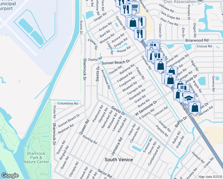 map of restaurants, bars, coffee shops, grocery stores, and more near 3051 Arrowhead Road in Venice