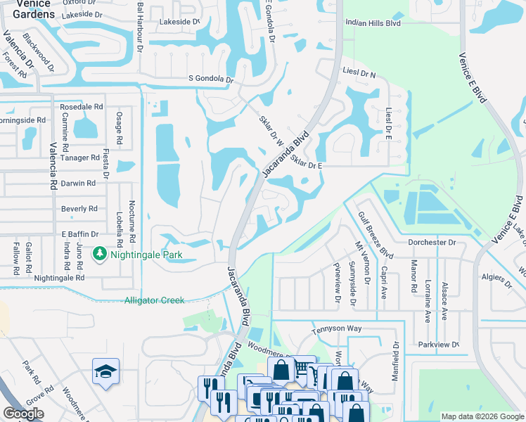 map of restaurants, bars, coffee shops, grocery stores, and more near 2206 Parklake Point in Venice