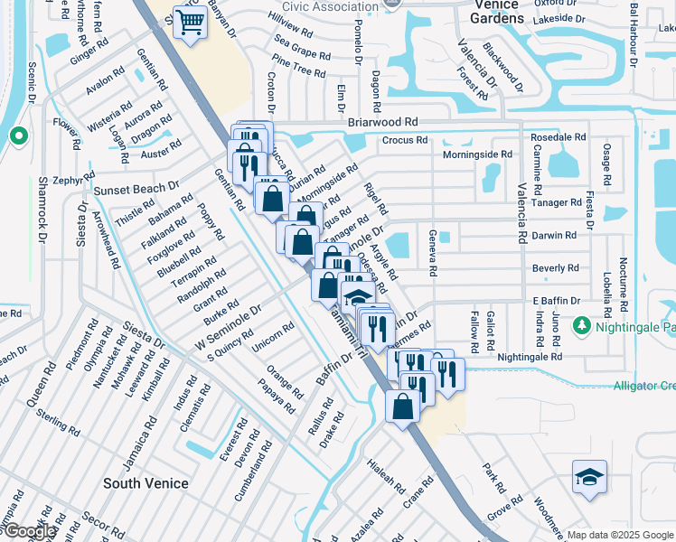 map of restaurants, bars, coffee shops, grocery stores, and more near 58 Concord Road in Venice