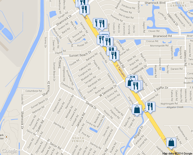 map of restaurants, bars, coffee shops, grocery stores, and more near 320 Terrapin Road in Venice