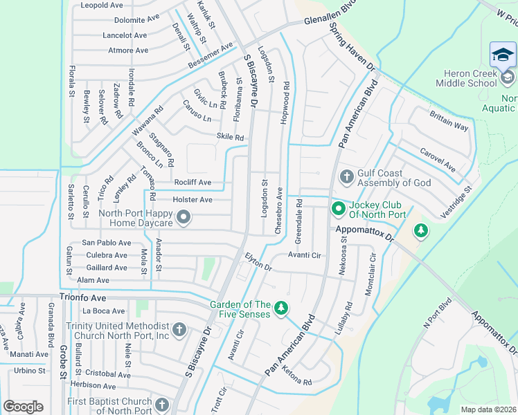 map of restaurants, bars, coffee shops, grocery stores, and more near 2800 Logsdon Street in North Port