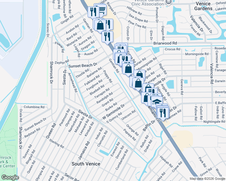 map of restaurants, bars, coffee shops, grocery stores, and more near 320 Terrapin Road in Venice