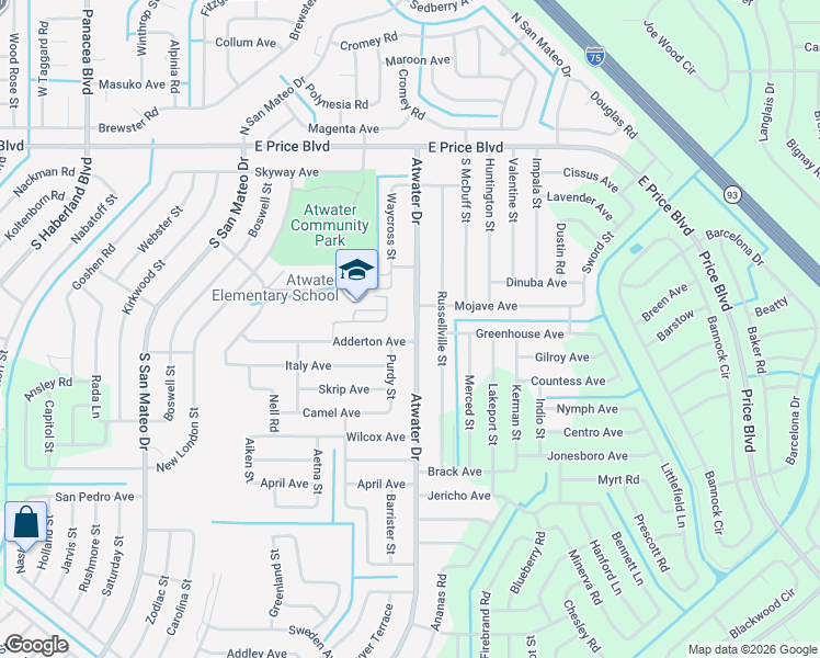 map of restaurants, bars, coffee shops, grocery stores, and more near 1424 Atwater Drive in North Port