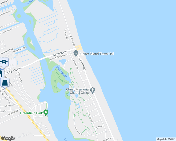 map of restaurants, bars, coffee shops, grocery stores, and more near 25 South Beach Road in Hobe Sound