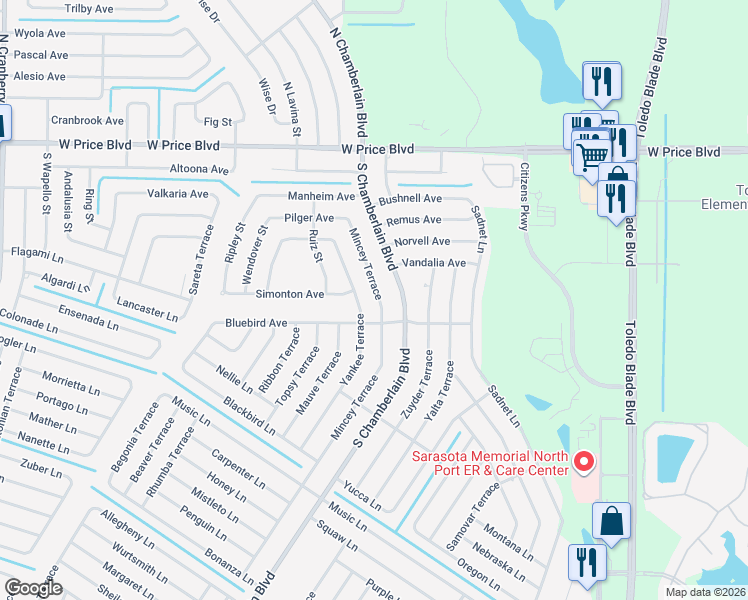 map of restaurants, bars, coffee shops, grocery stores, and more near 1861 Mincey Terrace in North Port