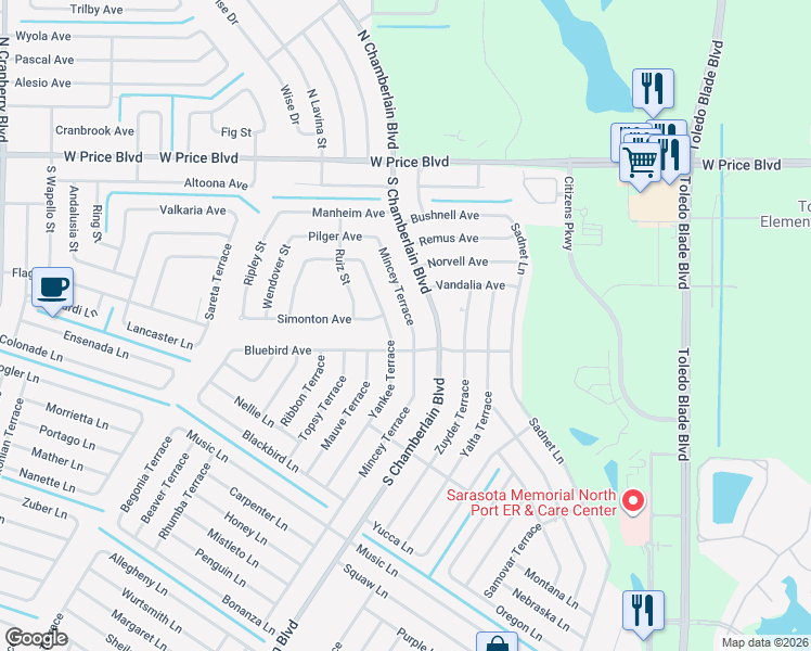 map of restaurants, bars, coffee shops, grocery stores, and more near 1861 Mincey Terrace in North Port
