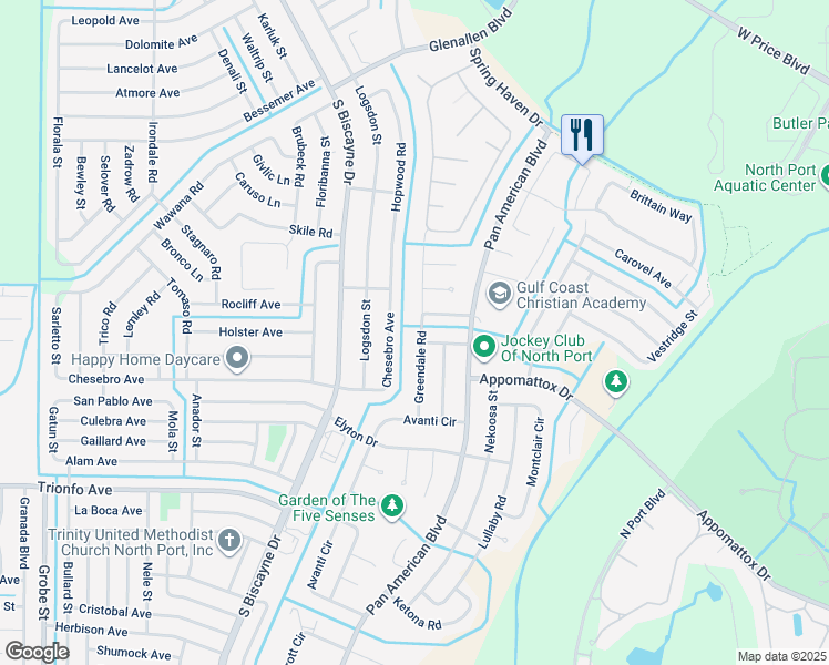 map of restaurants, bars, coffee shops, grocery stores, and more near 2965 Greendale Road in North Port