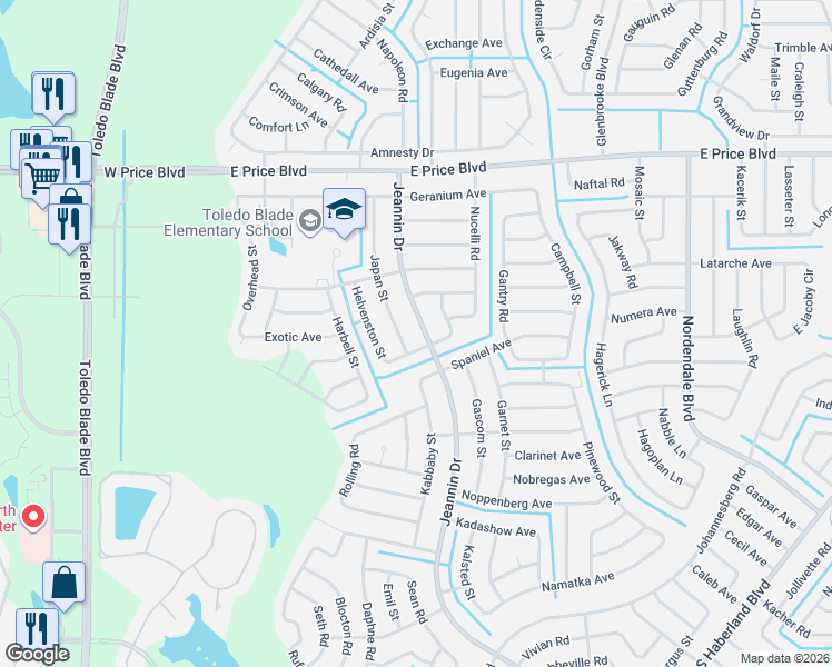 map of restaurants, bars, coffee shops, grocery stores, and more near 1663 Jeannin Drive in North Port