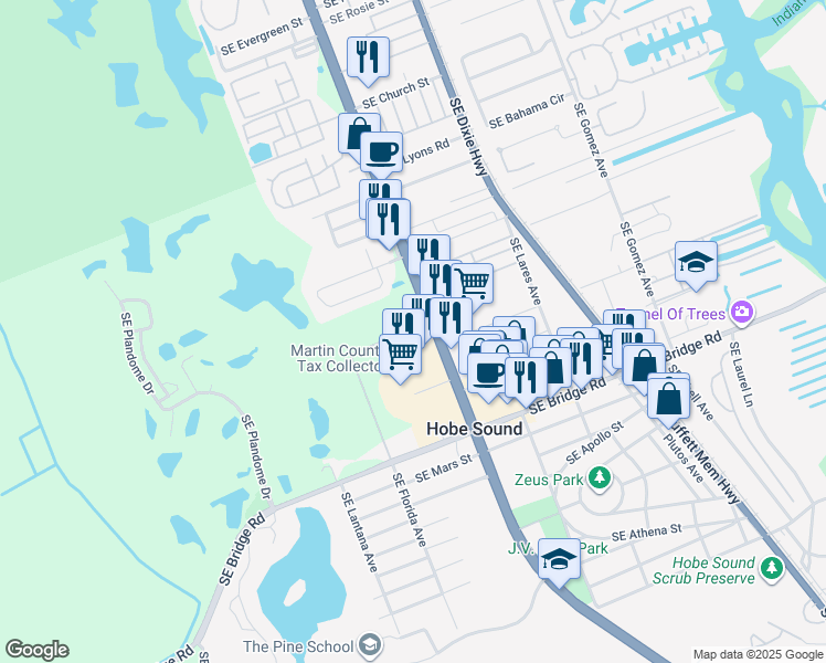 map of restaurants, bars, coffee shops, grocery stores, and more near 11600 Southeast Federal Highway in Hobe Sound