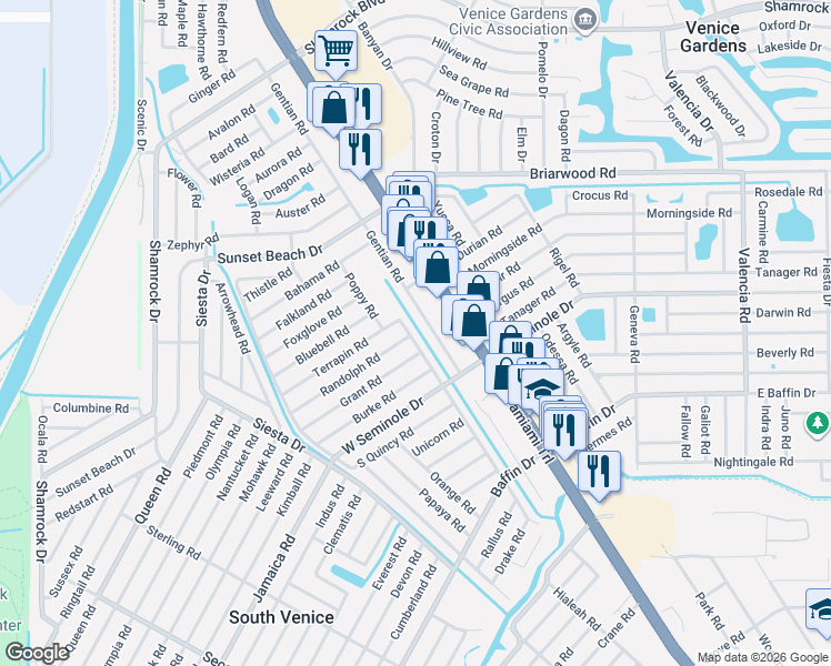 map of restaurants, bars, coffee shops, grocery stores, and more near 2941 Datura Road in Venice