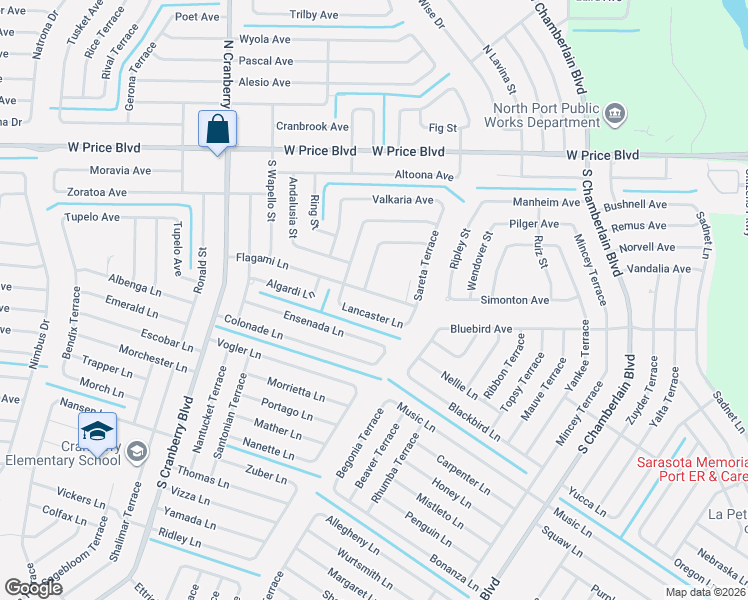 map of restaurants, bars, coffee shops, grocery stores, and more near 2499 Flagami Lane in North Port