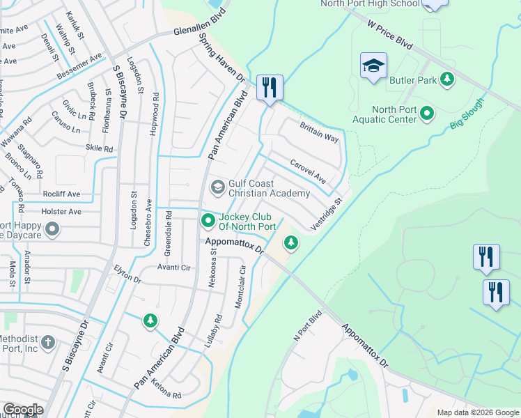 map of restaurants, bars, coffee shops, grocery stores, and more near 2654 Fairbrook Street in North Port