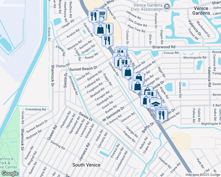 map of restaurants, bars, coffee shops, grocery stores, and more near 320 Terrapin Road in Venice