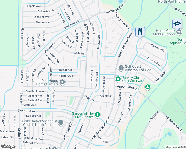 map of restaurants, bars, coffee shops, grocery stores, and more near 2800 Logsdon Street in North Port