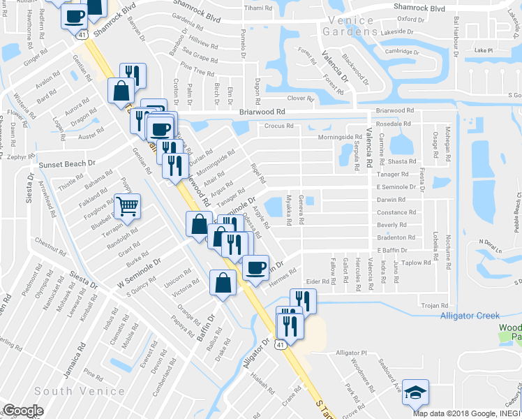 map of restaurants, bars, coffee shops, grocery stores, and more near 2947 Argyle Road in Venice