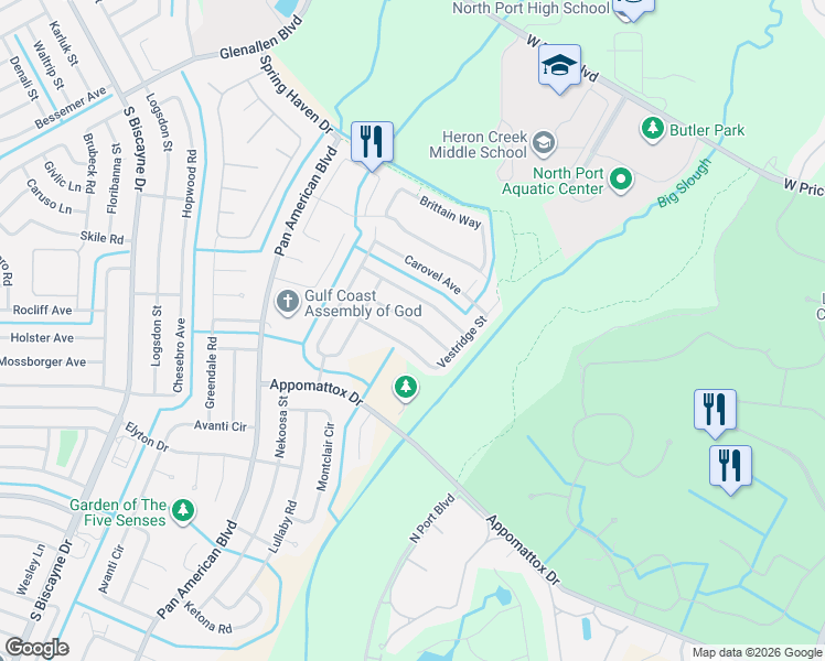 map of restaurants, bars, coffee shops, grocery stores, and more near 6666 Electra Avenue in North Port