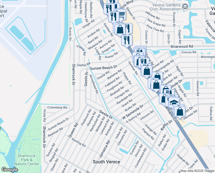 map of restaurants, bars, coffee shops, grocery stores, and more near 500 Foxglove Road in Venice