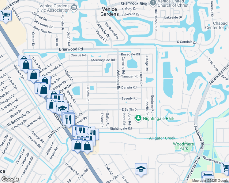 map of restaurants, bars, coffee shops, grocery stores, and more near 687 Constance Road in Venice