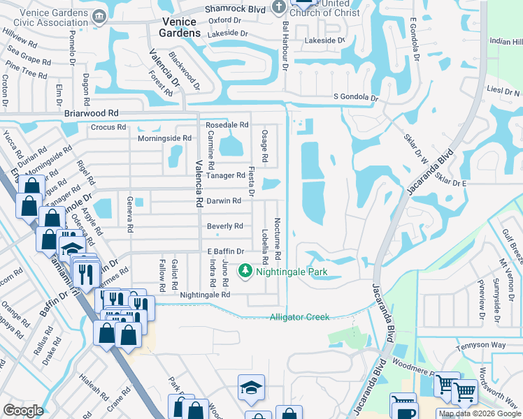 map of restaurants, bars, coffee shops, grocery stores, and more near 2908 Lobelia Road in Venice