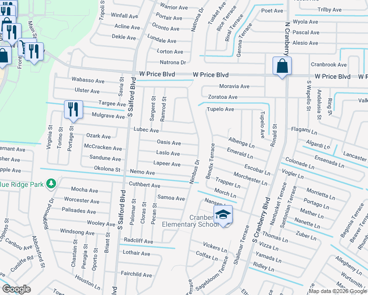 map of restaurants, bars, coffee shops, grocery stores, and more near 3585 Oasis Avenue in North Port